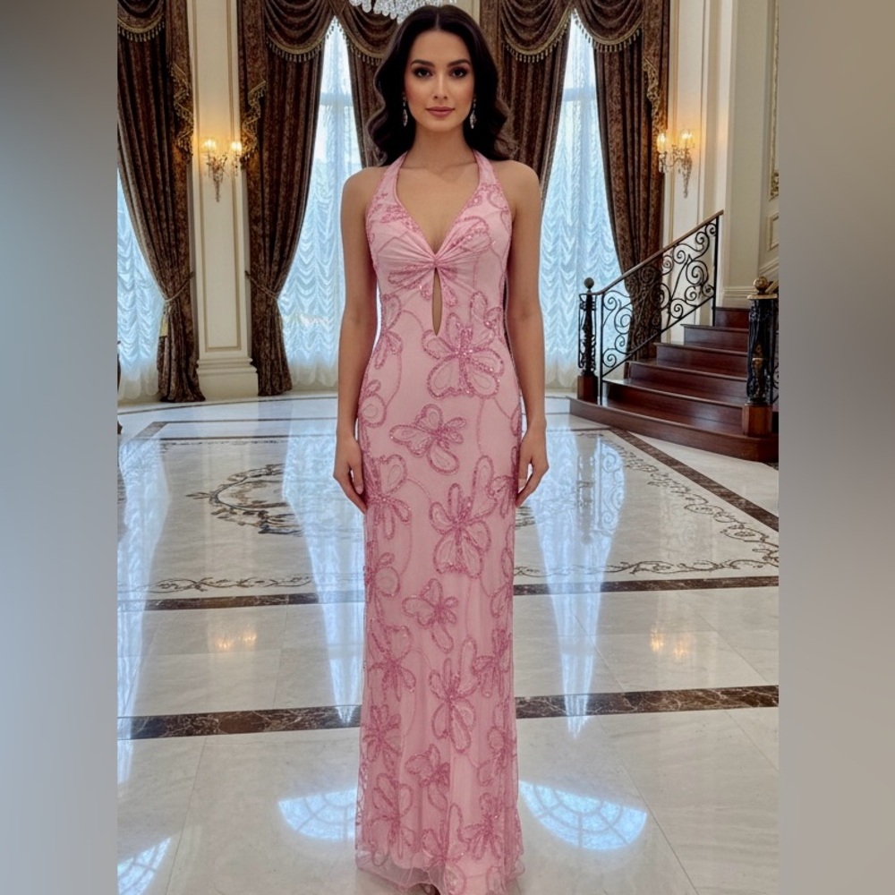 Elegant‎ Attitudes by Debra Pink hand Beaded Halter Dress